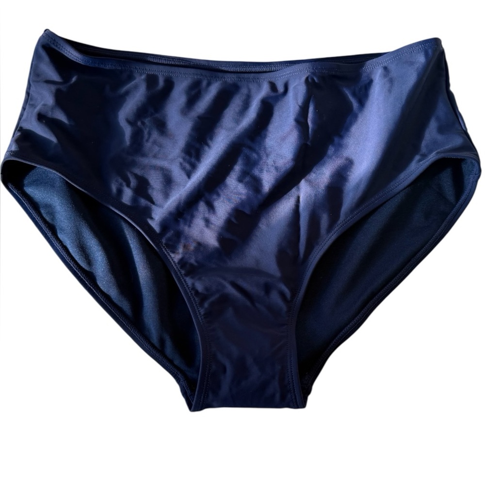 NWOT Jones New York Women's Navy Blue High-Waisted Bikini Bottoms in Size L